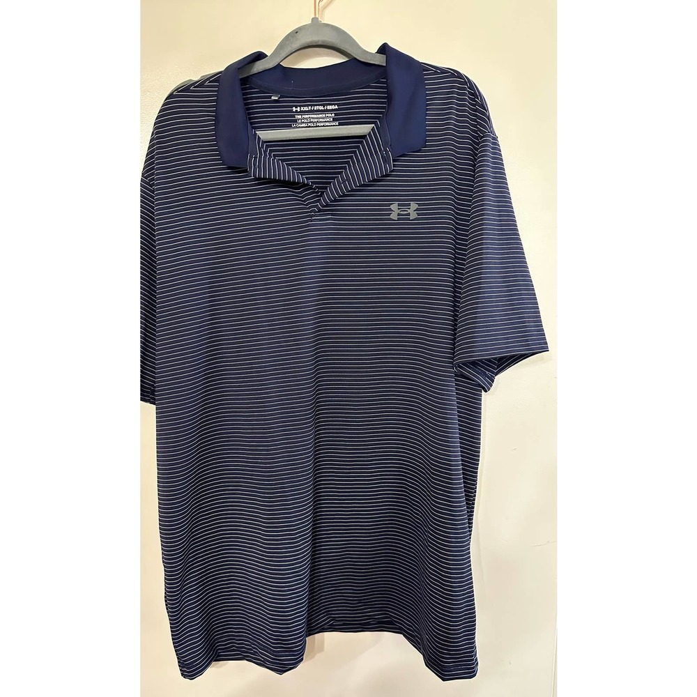 Men's 2XLT Under Armour Performance 3.0 Striped Golf Polo Shirt Navy/Silver NWOT